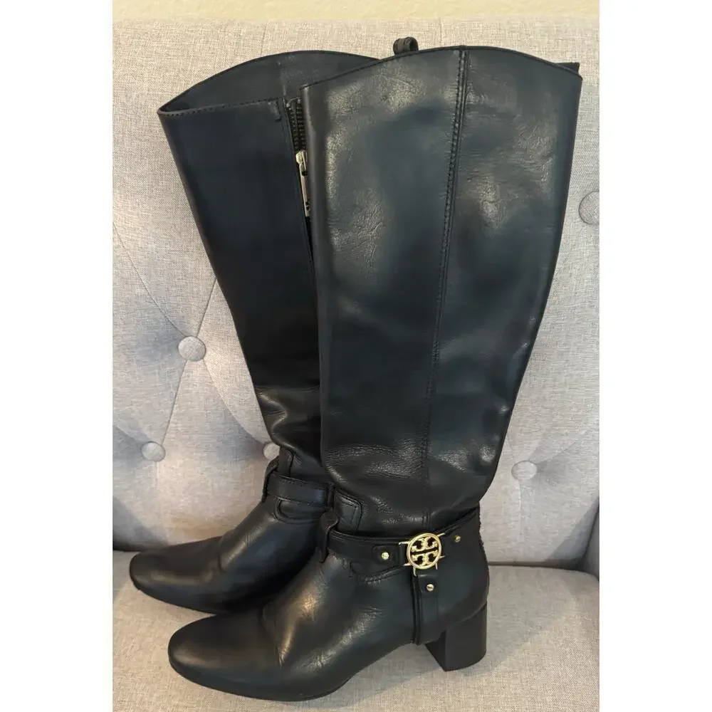 Tory Burch Donavan Riding Boots Black Leather Gold Logo Harness Knee High 7.5 - Picture 4 of 16